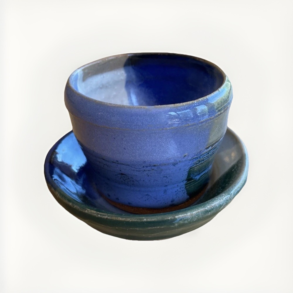 Vintage Studio Art Pottery Blue & Green Ceramic Cup And‎ Saucer 6oz Signed JD